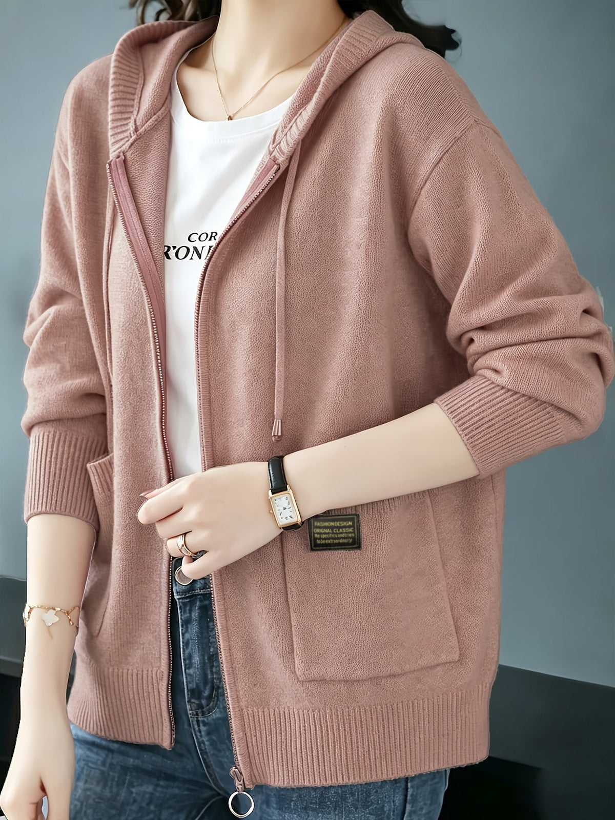 Rilena – à capuche avec cordon de serrage en maille de viscose, cardigan