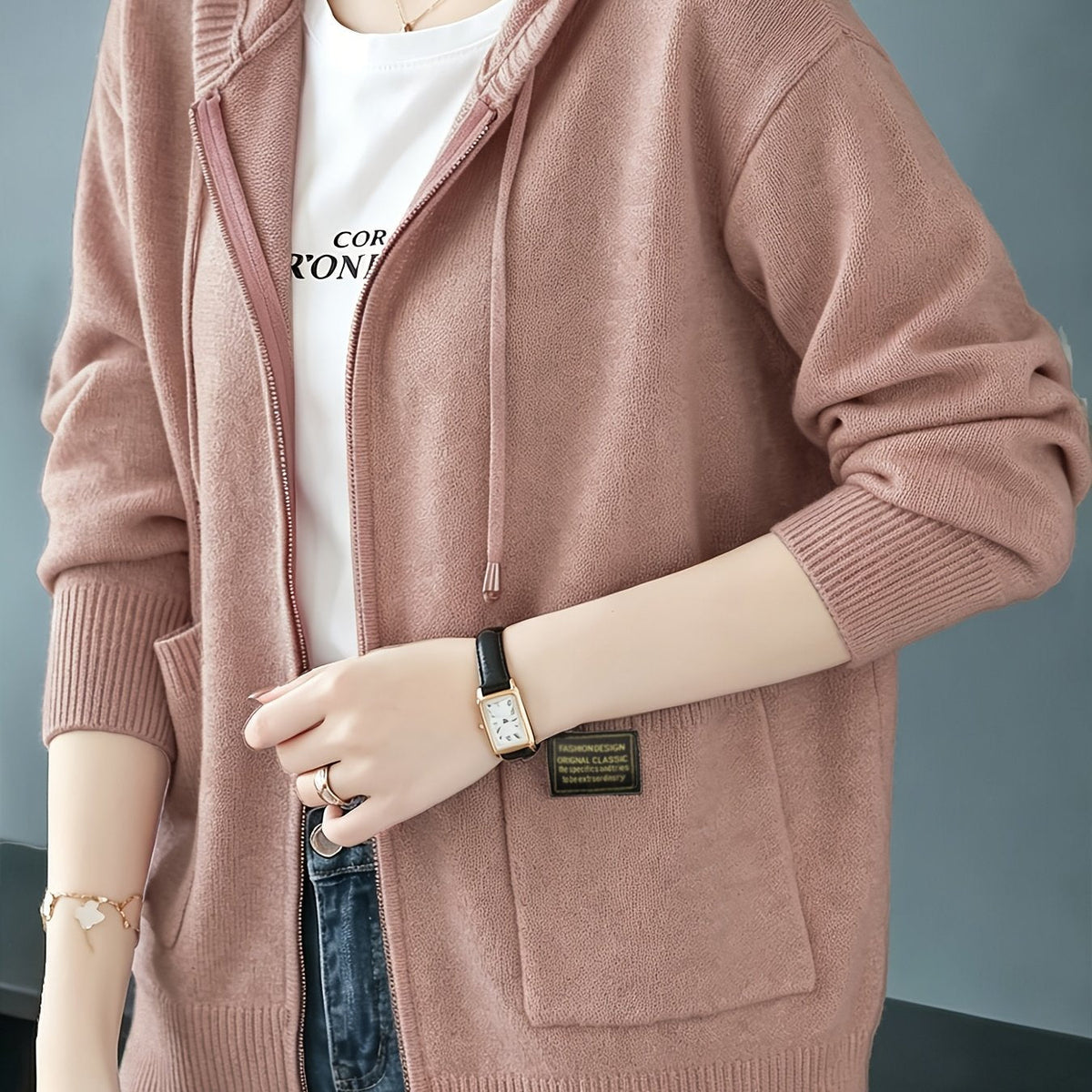 Rilena – à capuche avec cordon de serrage en maille de viscose, cardigan