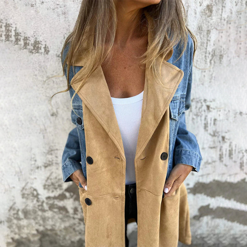 Calyra – Surpiqûres façon jean, tissé extensible, trench-coat
