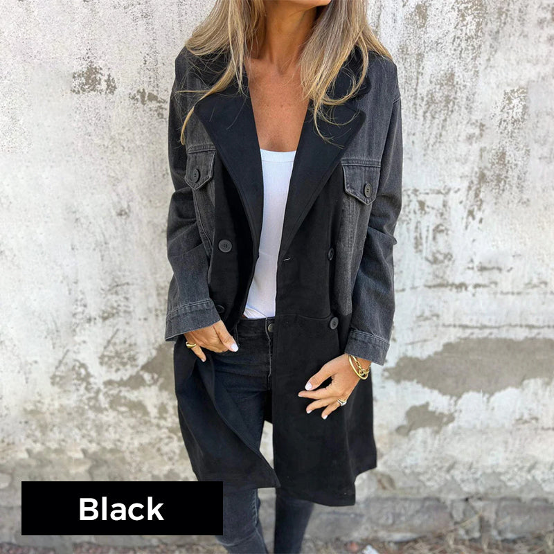 Calyra – Surpiqûres façon jean, tissé extensible, trench-coat