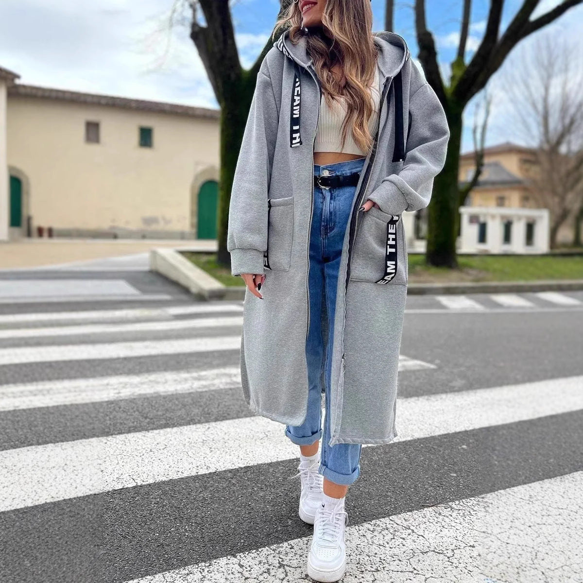 Rilena – Veste longue à capuche en coton extensible