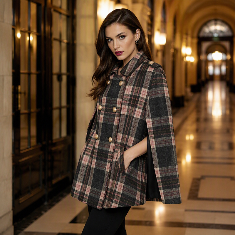 Vesara – Manteau cape à carreaux entrecroisés